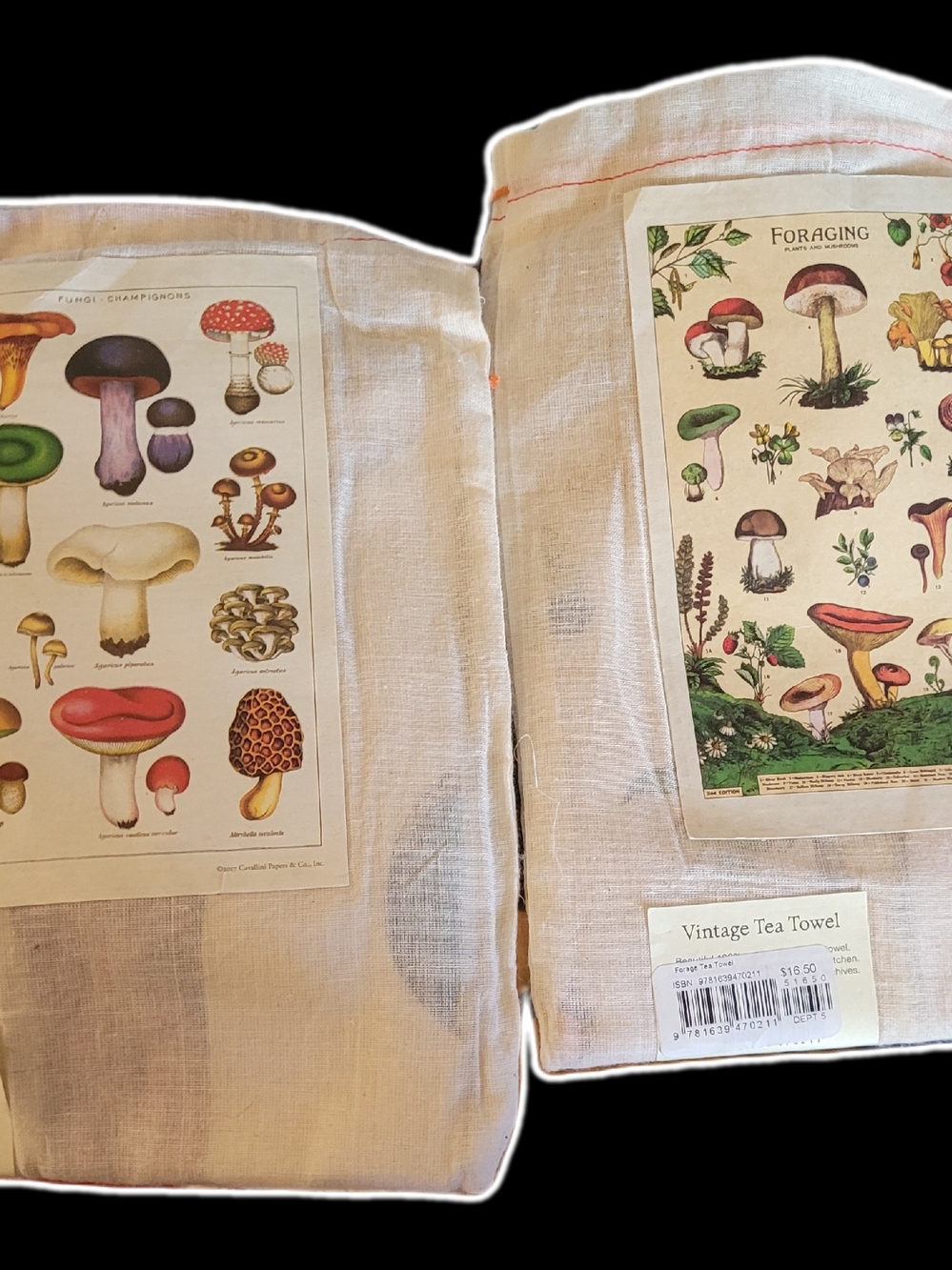 NEW. Vintage Mushroom Print Tea Towels - Neutral Linen